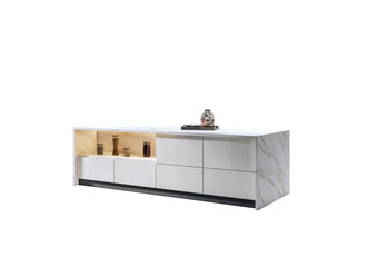 Poster - Minimalist marble kitchen island cabinet with drawers, spice jars, and backlit shelf, isolated on white background. 3D Rendering