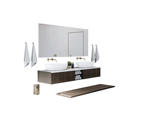 Poster - Modern bathroom interior with floating vanity, double sinks, large mirror, towels, and accessories in clean layout on transparent background. 3D Rendering