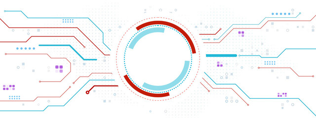 Aufkleber - Abstract futuristic interface with round blue and red circuit lines, circular HUD elements on white backdrop. Concept of digital innovation. 3D Rendering