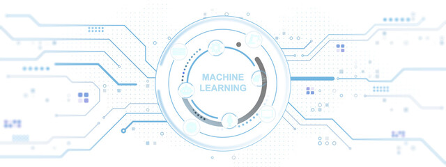 Aufkleber - Machine learning interface with circular cyber design and digital circuit lines, modern blue neon elements on white background. 3D Rendering