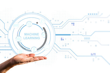 Aufkleber - Human hand showing futuristic machine learning interface with circular digital graphics on white background, concept of artificial intelligence
