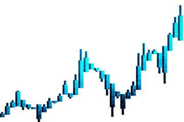 Poster - Abstract candlestick chart in blue tones with digital texture on isolated white background, symbolizing financial market data and currency exchange. 3D Rendering