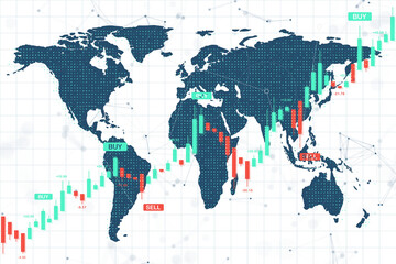 Poster - Candlestick chart showing buy and sell signals over world map on light digital background, concept of global forex market data analysis. 3D Rendering
