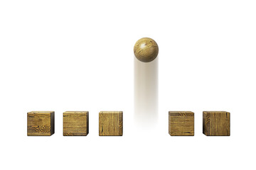 Poster - Wooden sphere elevated above aligned wooden cubes on clean white background, symbolizing leadership, ambition, and breakthrough in business. 3D Rendering