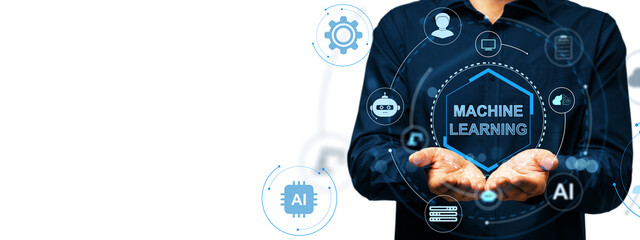 Poster - Man holding virtual machine learning interface with AI icons, modern blue graphic style on white background, concept of digital innovation