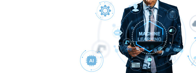 Aufkleber - Businessman in suit using tablet with machine learning icons, modern digital style on white background. Concept of AI, innovation, future tech