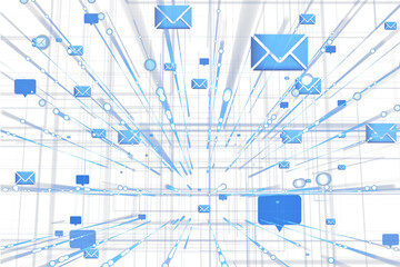 Poster - Blue email envelope icons flying through digital grid lines on white background, concept of virtual message communication and online inbox flow, 3D Rendering