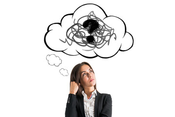 Poster - Woman in business attire looks up thoughtfully at a hand-drawn speech bubble with scribbles and a question mark, isolated on a white background. Concept of brainstorming and confusion