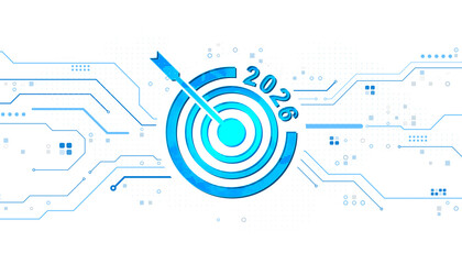 Poster - Blue target with arrow labeled 2026 on digital tech interface, abstract neon circuit pattern, white background. Concept of future business goal. 3D Rendering