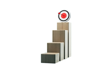 Poster - Wooden staircase blocks arranged in ascending order with bullseye target on top, isolated on white background. Concept of achievement and growth. 3D Rendering