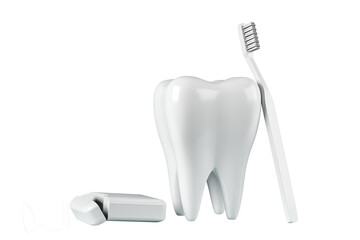 Aufkleber - Tooth, toothbrush, and dental floss on clean white background, 3D Rendering style, isolated layout for dental health care concept template