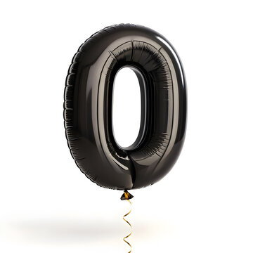 A balloon shaped like the number 0, matte black metallic finish with realistic reflections and smooth texture.
