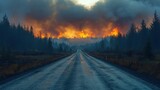 A dark and foreboding forest fire rages along the horizon casting an ominous glow over a wet and empty road leading into the distance