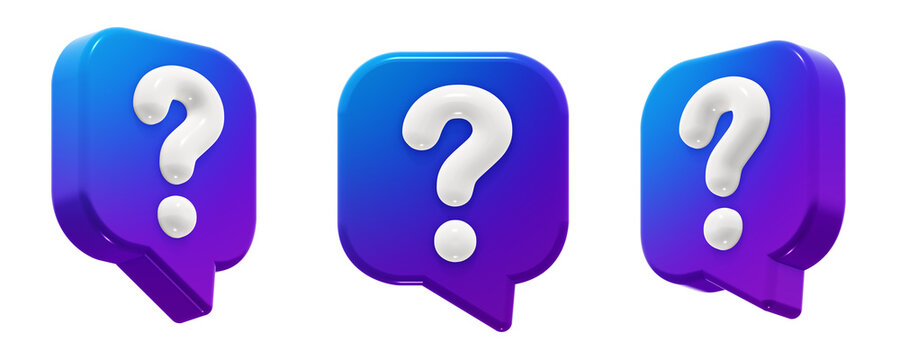 Modern square question mark speech bubble with a smooth blue-to-purple gradient. 3D render icon element, isolated. Includes three angles of the same shape.