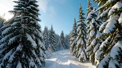 Wall Mural - there is a snow covered path through a forest with trees