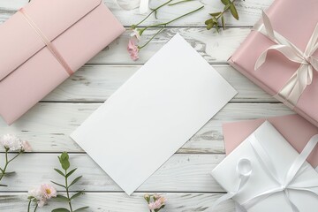 Poster - Vibrant Picture of Flat Lay of Stationery on White Wooden Table Background
