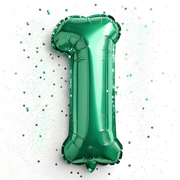 A balloon shaped like the number 1,emerald green metallic finish with realistic reflections and smooth texture.