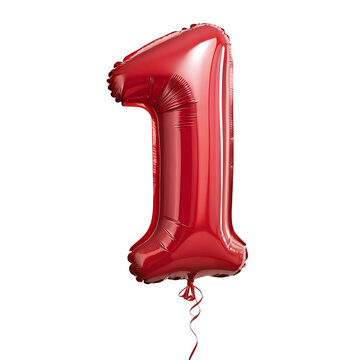 A balloon shaped like the number 1,glossy red metallic finish with realistic reflections and smooth texture.