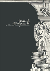 Poster - Vector banner on the theme of writers with space for text. Writer's workplace. Vintage page with hand-drawn books, typewriter, ink pen, antique architecture and sitting angel. No AI used