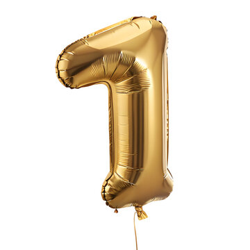 A balloon shaped like the number 1,gold metallic finish with realistic reflections and smooth texture.
