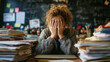 © tong2530 - Tired woman sitting at desk in high school classroom, hands covering face, surrounded by stacks of papers and grading sheets, laptop open, signs of stress and burnout from overwhelming workload