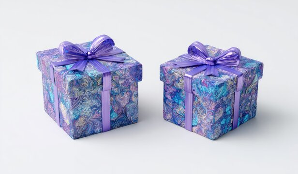 Two small square gift boxes, purple and blue marbled paper, topped with matching metallic bows, sit on a white background