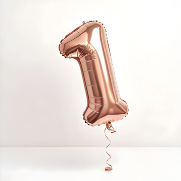 A balloon shaped like the number 1,rose gold metallic finish with realistic reflections and smooth texture.