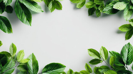 fresh green leaves frame on a light background.