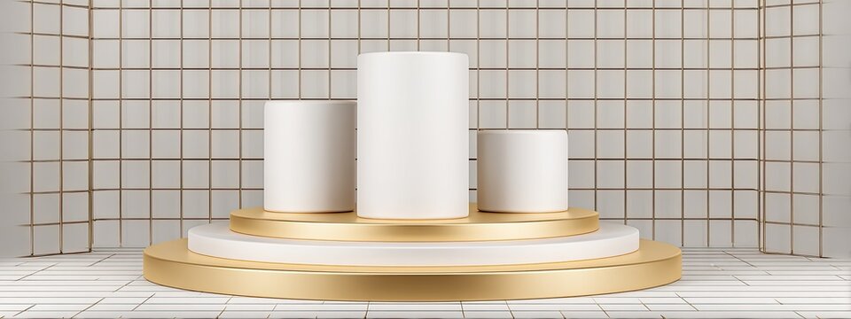 Three white cylinders on gold tiered platform against gridded wall