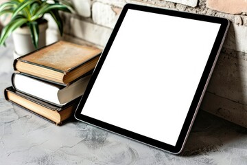 High Resolution Image of High Angle Tablet and Books High Angle