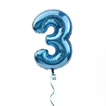 A balloon shaped like the number 3, chrome blue metallic finish with realistic reflections and smooth texture.