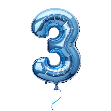 A balloon shaped like the number 3, chrome blue metallic finish with realistic reflections and smooth texture.