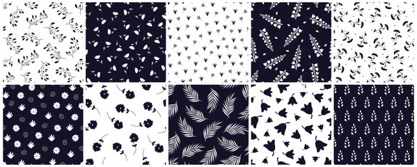 Fototapete - Collection of vector elegant floral seamless patterns. Drawing repeatable spring nature beautiful fabric backgrounds with branches, leaves and flowers. Blue and white design. Textile endless prints