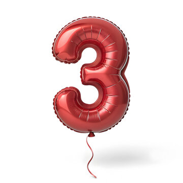 A balloon shaped like the number 3,glossy red metallic finish with realistic reflections and smooth texture.