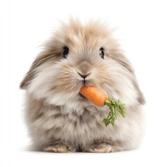 Poster - Adorable fluffy rabbit holding a carrot with green leaves, featuring soft fur and large expressive eyes, perfect for showcasing animal cuteness and charm in various projects.