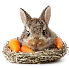 Poster - Adorable fluffy rabbit nestled in a cozy nest with bright orange carrots, evoking a sense of warmth, sweetness, and the joys of nature and springtime.