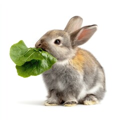Poster - Adorable gray rabbit sitting with fresh green lettuce leaf in mouth, showcasing cute and playful personality against a clean white background perfect for stock photography use