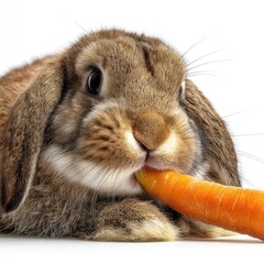 Poster - Adorable brown rabbit munching on a vibrant orange carrot, showcasing detailed fur texture and endearing facial expression in a close-up shot.