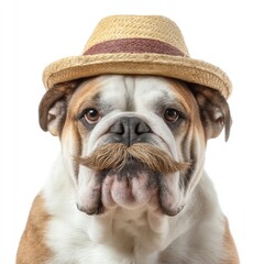Poster - Humorous Bulldog with Stylish Hat and Mustache, Posing for a Portrait in a Whimsical Setting, Perfect for Animal Lovers and Fun Designs