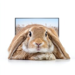 Poster - Cute brown rabbit with long ears resting on a white surface in a bright setting, showcasing its soft fur and adorable expression in a serene moment of peace and tranquility