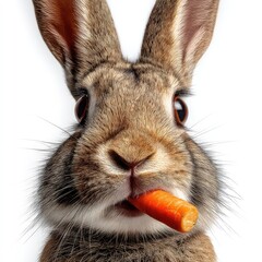 Poster - A Close-Up Portrait of a Hare Holding a Bright Orange Carrot, Showcasing Its Adorable Features and Expressive Eyes in a Charming Outdoor Setting