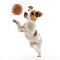 Poster - Playful dog jumps to catch a basketball in a bright studio setting, showcasing agility and excitement in a fun, active moment of canine sport.