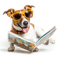 Poster - Playful Dog with Sunglasses Reading a Magazine in Relaxed and Cheerful Mood, Perfect for Capturing Joyful Pet Moments and Fun Leisure Activities