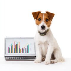 Poster - Cute Jack Russell Terrier with laptop displaying colorful graphs and charts, perfect representation of business analytics and dog companionship in a modern workspace