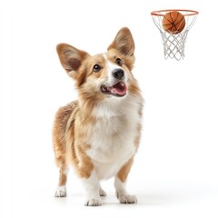 Poster - Happy Corgi Dog Playfully Watching a Basketball in Mid-Air Near a Hoop, Capturing Fun and Joyful Moments for Sporting and Animal Lovers