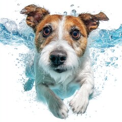 Poster - Playful Dog Swimming Underwater with Bubbles, Capturing the Joy of Canine Adventure in a Bright and Lively Aquatic Environment