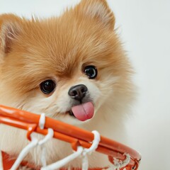 Poster - Adorable Pomeranian Puppy with Fluffy Fur and Playful Expression Sticking Out Tongue While Peeking Through Bright Orange Basketball Hoop