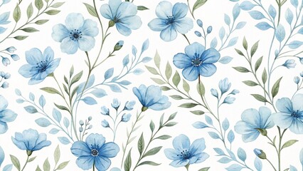  Elegant Watercolor Floral Pattern with Blue Flowers and Green Leaves on White Background