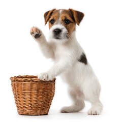 Poster - Adorable puppy with expressive eyes and a playful demeanor, raising a paw beside a wicker basket, showcasing cuteness and charm in a bright studio setting.