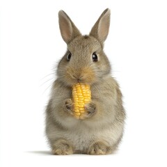 Poster - Adorable bunny holds fresh corn with fluffy fur, expressive eyes, showcasing innocence and charm in a playful setting with a clean white background